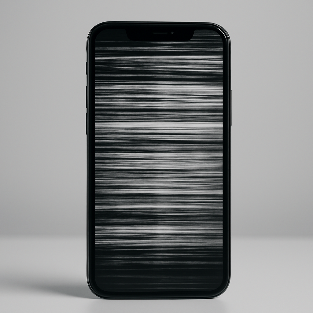 Smartphone screen with horizontal white lines indicating LCD or display damage issue