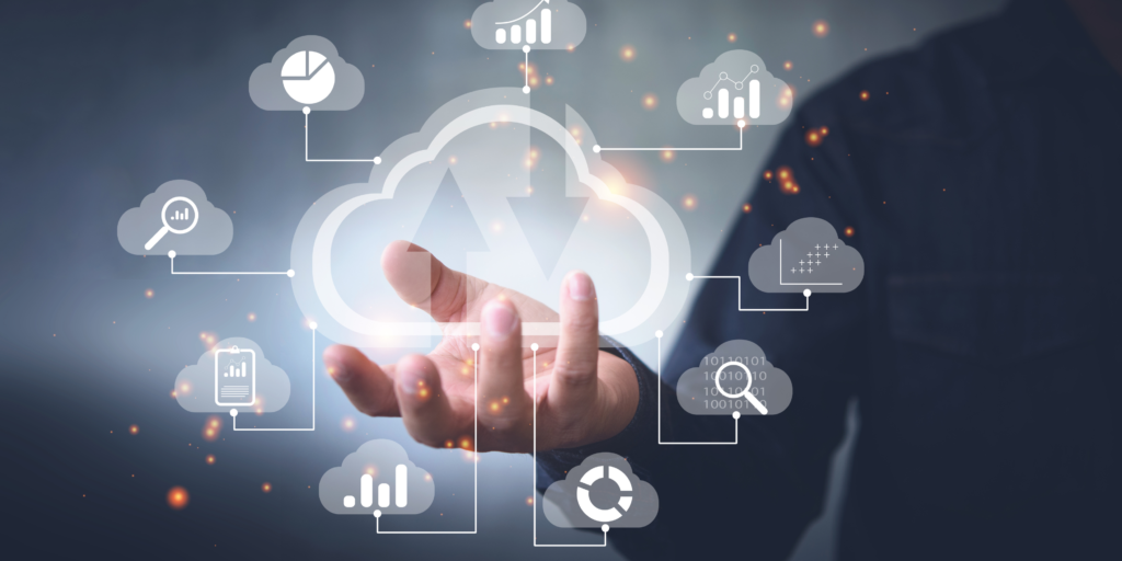 Hand holding a digital cloud icon with data recovery and cloud backup symbols representing smartphone data retrieval technology