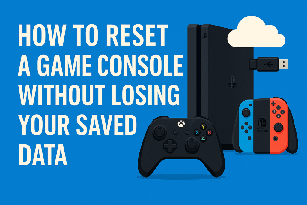 A digital illustration featuring the title 'How to Reset a Game Console Without Losing Your Saved Data' alongside a PlayStation console, Xbox controller, Nintendo Switch, USB drive, and cloud icon on a blue background