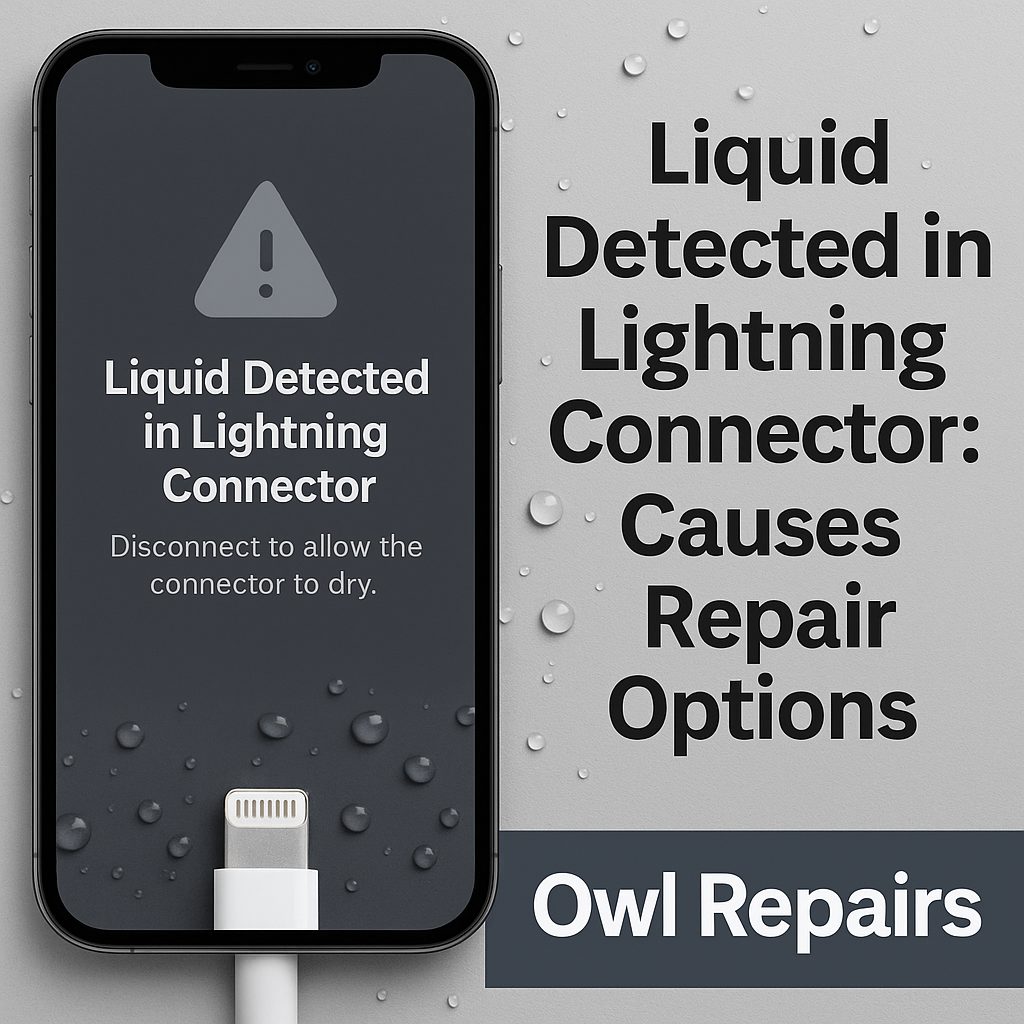 iPhone showing a ‘Liquid Detected in Lightning Connector’ warning with water droplets around the charging port. Text highlights causes and repair options with Owl Repairs branding.