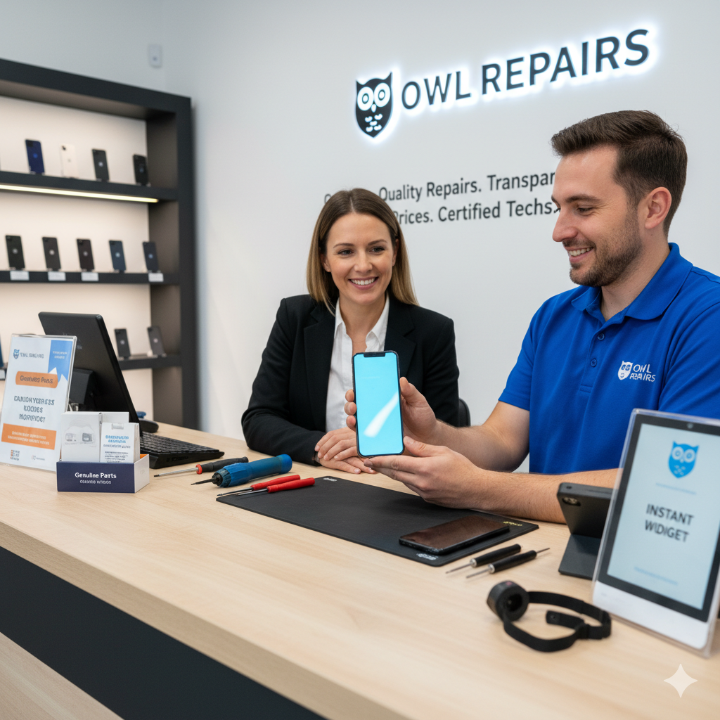 A friendly Owl Repairs technician in a blue polo shirt shows a repaired smartphone to a smiling female customer at a clean, modern repair counter. The screen of the phone is glowing light blue, indicating it's working perfectly. The background shows shelves of phones and the Owl Repairs logo. Tools and a tablet displaying "INSTANT WIDGET" are also on the counter.