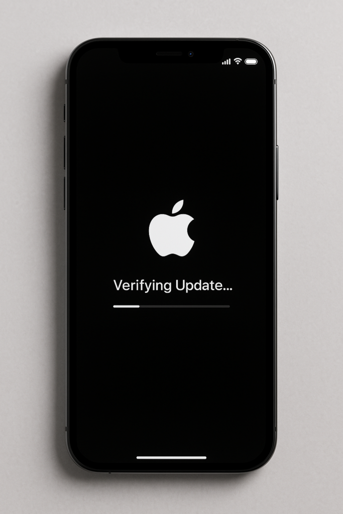 An iPhone lying on a light gray desk showing the “Verifying Update…” screen with the Apple logo and progress bar during an iOS 18 installation process.