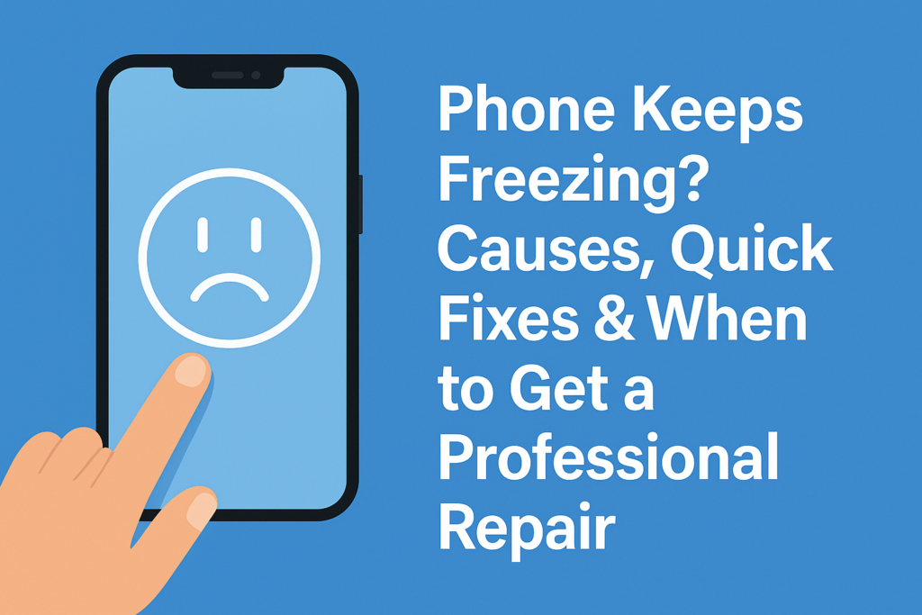 Illustration of a smartphone with a sad face icon on the screen and a hand tapping it, alongside the blog title “Phone Keeps Freezing? Causes, Quick Fixes & When to Get a Professional Repair” on a blue background — symbolizing a phone troubleshooting guide.