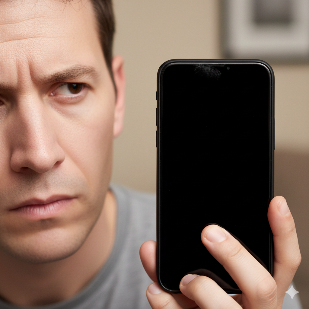 A man looks confused and slightly frustrated while holding a smartphone with a completely black, unresponsive screen, indicating a problem during a call.