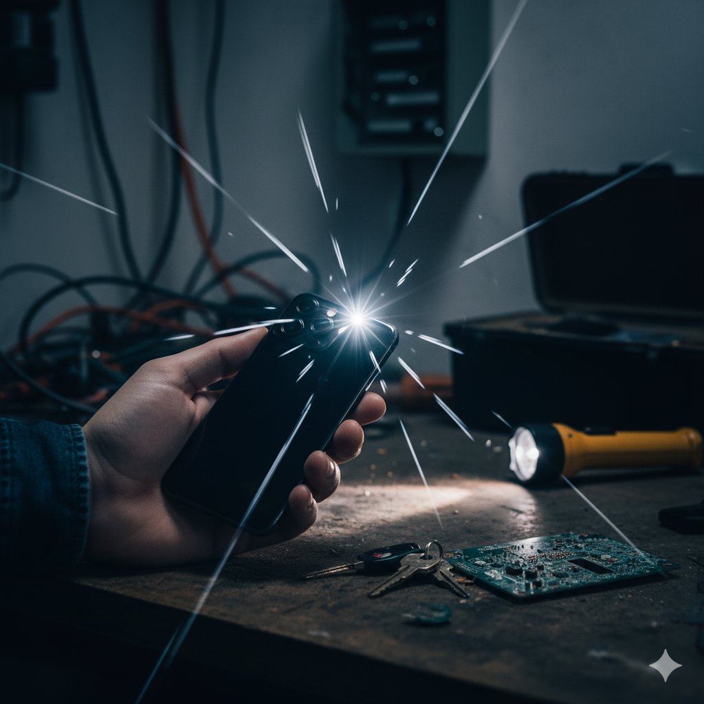 A close-up of the back of a smartphone, showing the camera lenses and the LED flashlight flickering weakly and erratically, illustrating the blog post's topic of a malfunctioning phone flashlight.