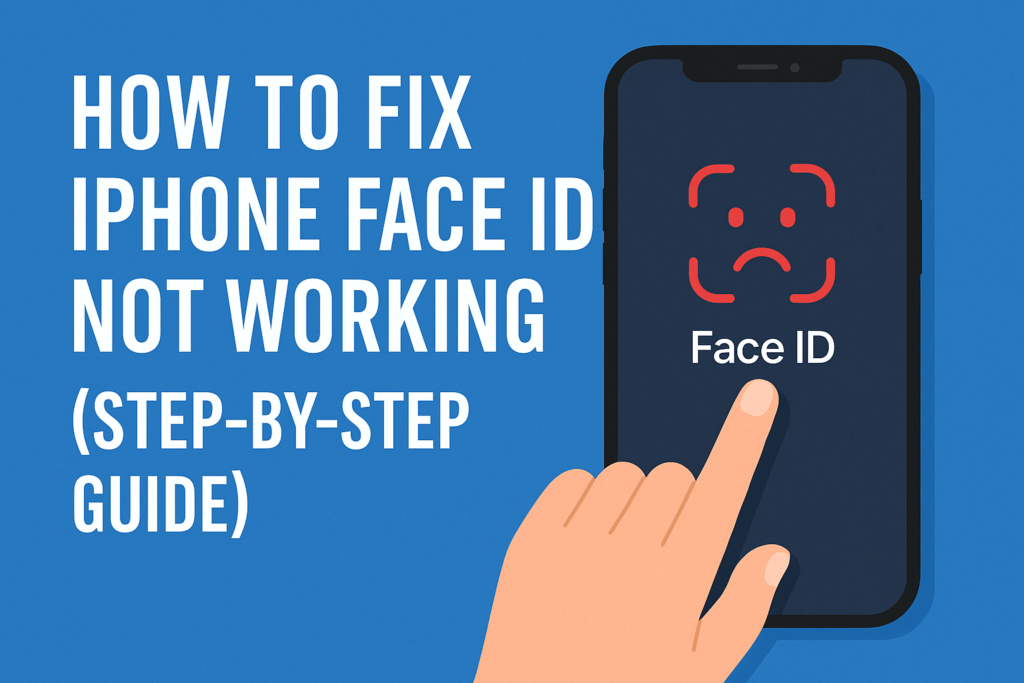 Illustration showing a hand tapping an iPhone screen displaying a sad Face ID icon, with the text “How to Fix iPhone Face ID Not Working (Step-by-Step Guide)” on a blue background — representing a tech repair tutorial.
