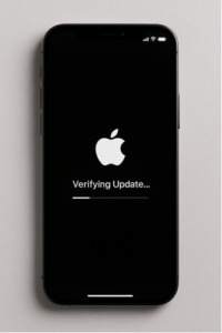 An iPhone lying on a light gray desk showing the “Verifying Update…” screen with the Apple logo and progress bar during an iOS 18 installation process.