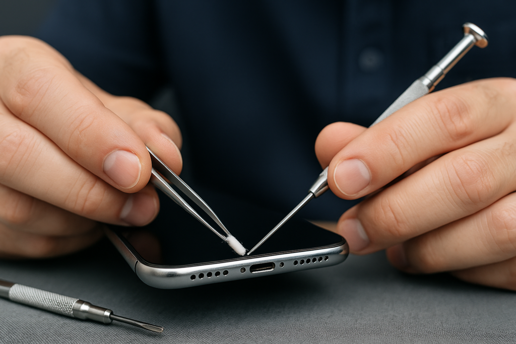 Technician cleaning a smartphone microphone port with precision tools to fix muting issues during calls at Owl Repairs.